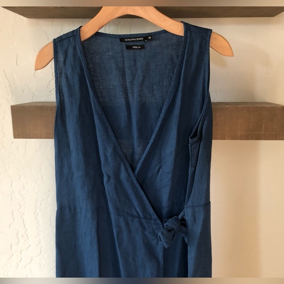 Blue Linen true wrap midi dress, sleeveless•••Large, Monoprix Femme—Feminine - Picture 2 of 9
